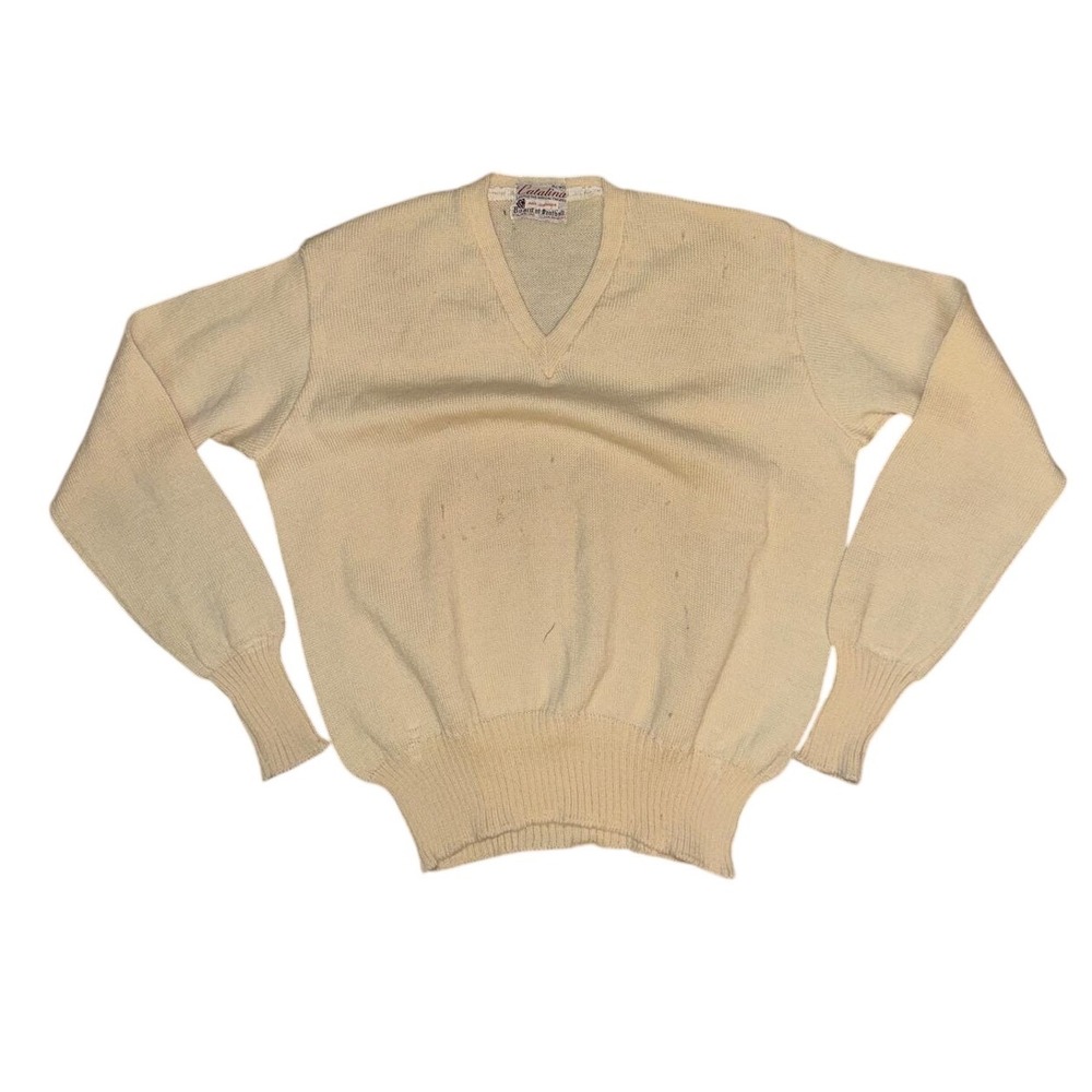 1930's Vintage Catalina Board of Football Wool V-Neck Sweater Cream Pullover